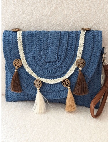 Sac pochette Boho Pompons bleu